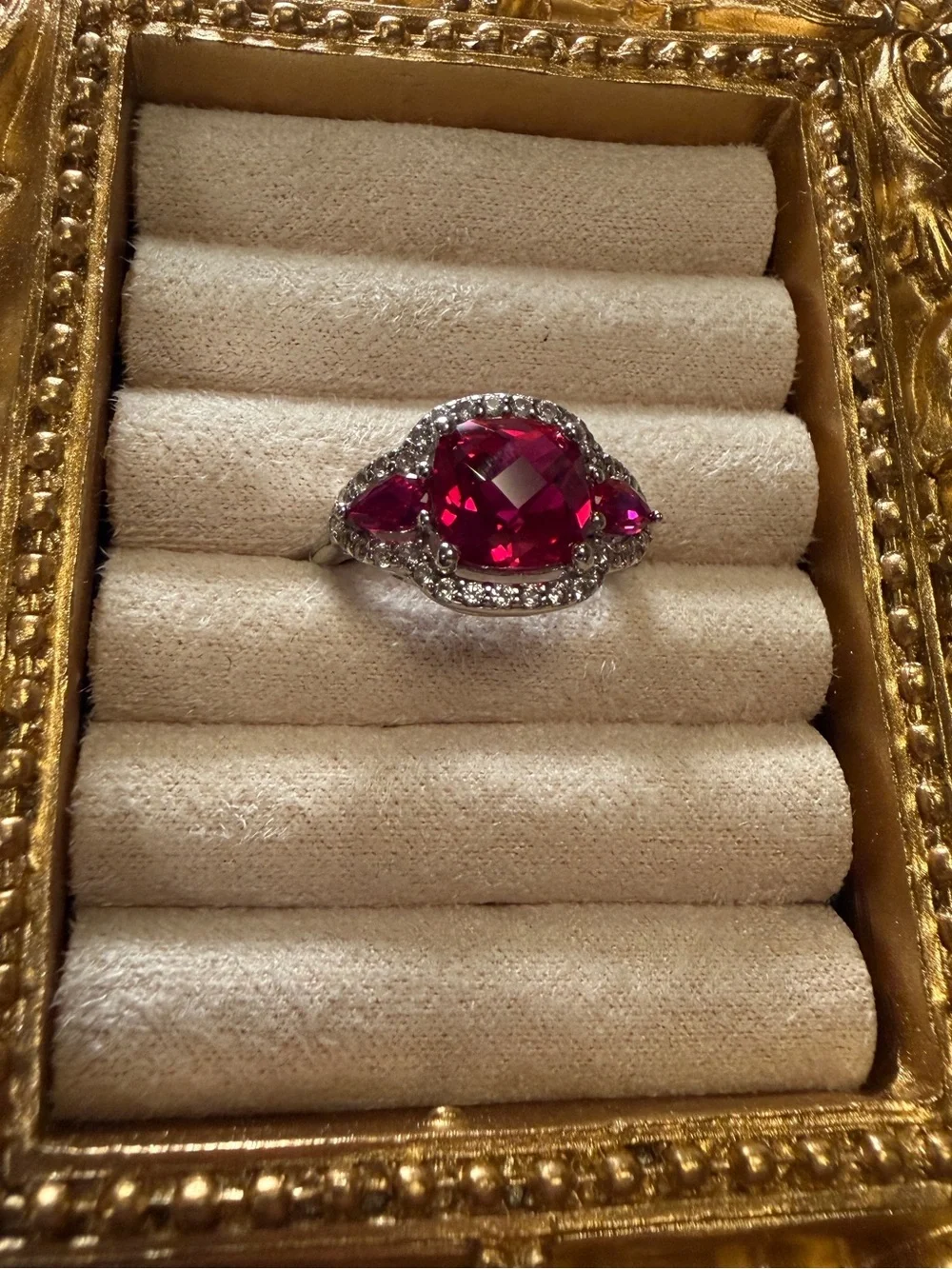Vintage Sterling Silver Ruby With Pink Sapphires and White Topaz Ring - Size 6